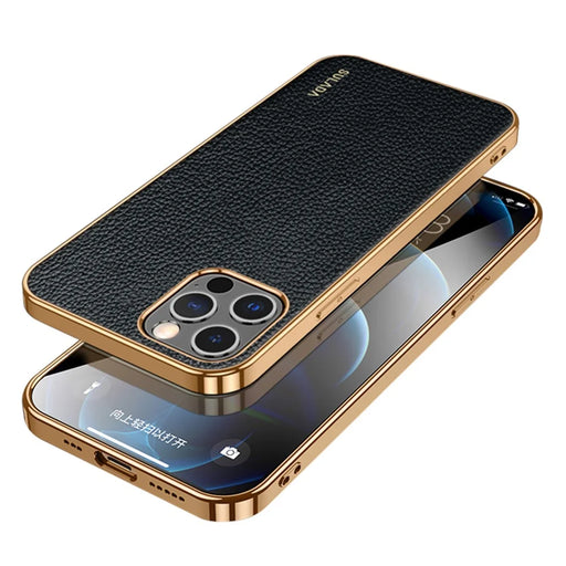 SULADA Well-Protected Litchi Texture Stylish Electroplating Frame PU Leather Coated Hybrid Phone Case for iPhone 13 Pro 6.1 inch - Black - 1