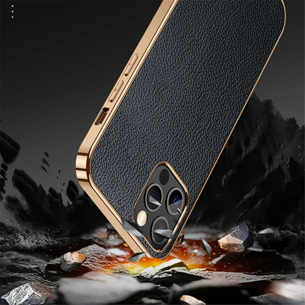 SULADA Well-Protected Litchi Texture Stylish Electroplating Frame PU Leather Coated Hybrid Phone Case for iPhone 13 Pro 6.1 inch - Black - 3