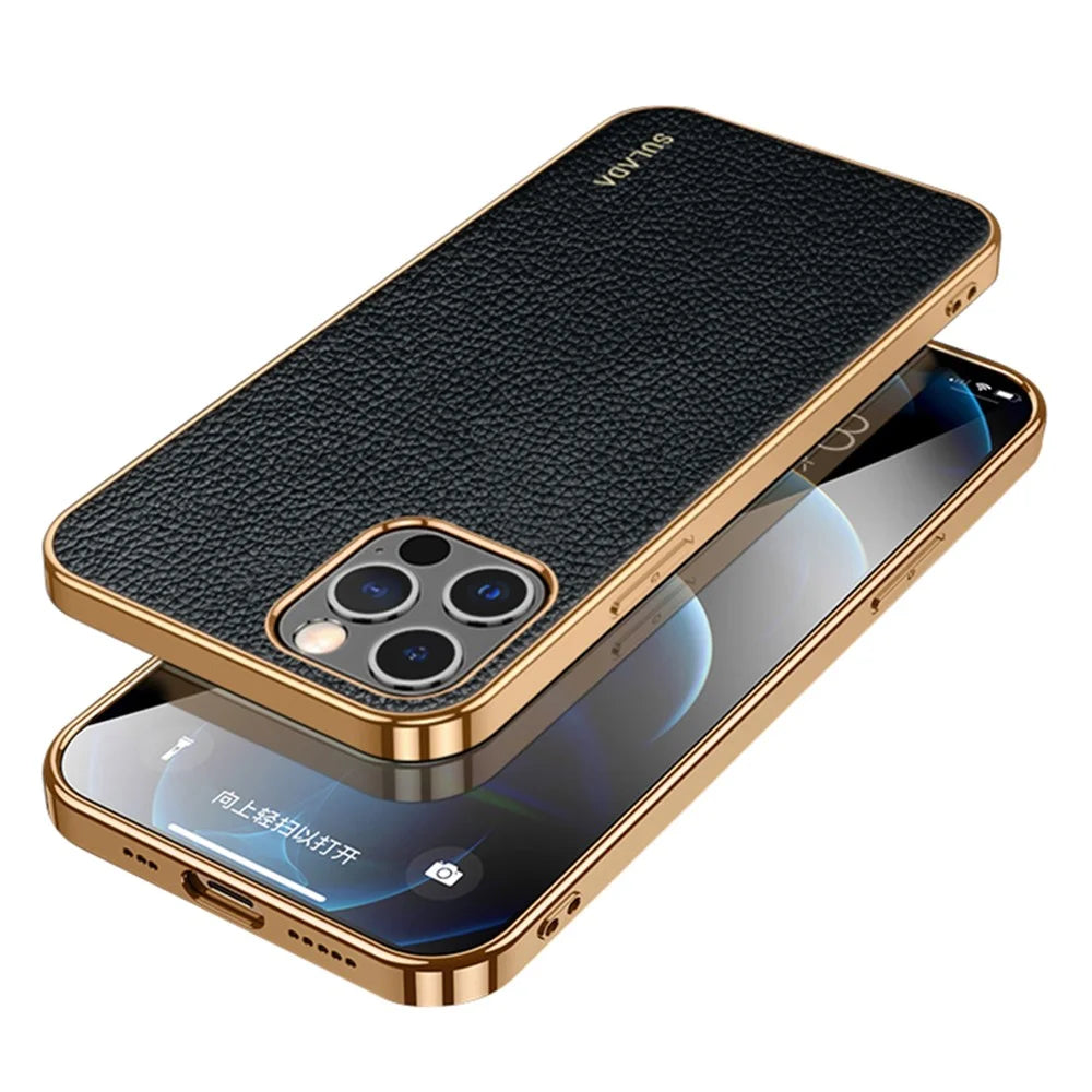 SULADA Electroplating Frame Well-Protected Litchi Texture PU Leather Coated Hybrid Phone Case for iPhone 13 Pro Max 6.7 inch - Black - 1