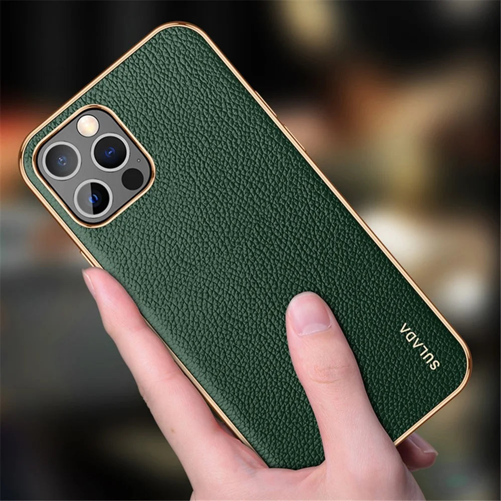 SULADA Electroplating Frame Well-Protected Litchi Texture PU Leather Coated Hybrid Phone Case for iPhone 13 Pro Max 6.7 inch - Black - 2