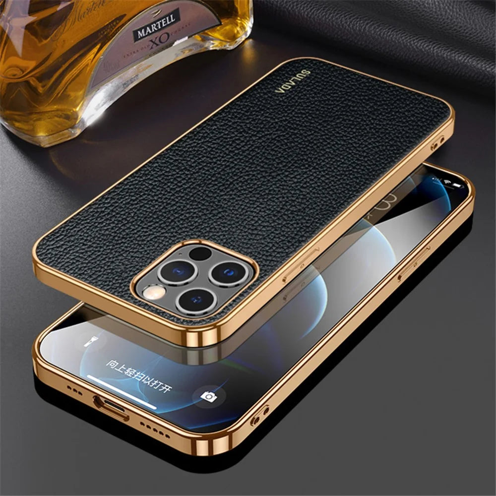 SULADA Electroplating Frame Well-Protected Litchi Texture PU Leather Coated Hybrid Phone Case for iPhone 13 Pro Max 6.7 inch - Black - 7