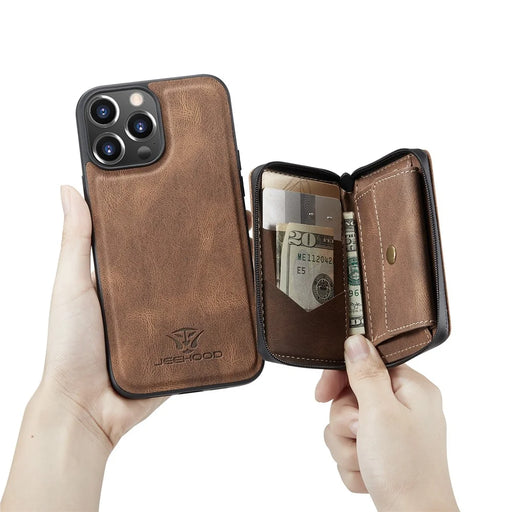 JEEHOOD Stylish Well-protected Shockproof Magnetic Detachable 2-in-1 Hybrid Case with Zippered Wallet Kickstand for iPhone 13 Pro Max 6.7 inch - Brown - 1