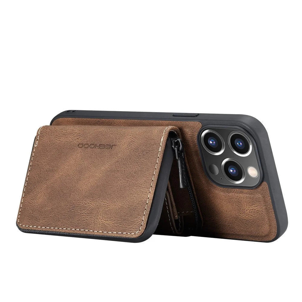 JEEHOOD Stylish Well-protected Shockproof Magnetic Detachable 2-in-1 Hybrid Case with Zippered Wallet Kickstand for iPhone 13 Pro Max 6.7 inch - Brown - 5