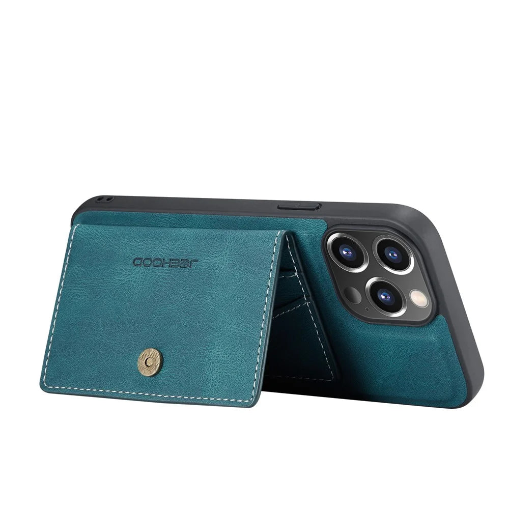 JEEHOOD Anti-drop Magnetic Clasp Kickstand Wallet Design Detachable 2-in-1 Leather Coated TPU Phone Case for iPhone 13 Pro Max 6.7 inch - Green - 5