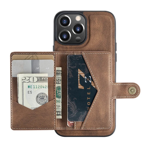 JEEHOOD Detachable 2-in-1 Magnetic Design Phone Case Kickstand Wallet Leather Coated TPU Phone Cover for iPhone 13 - Brown - 1