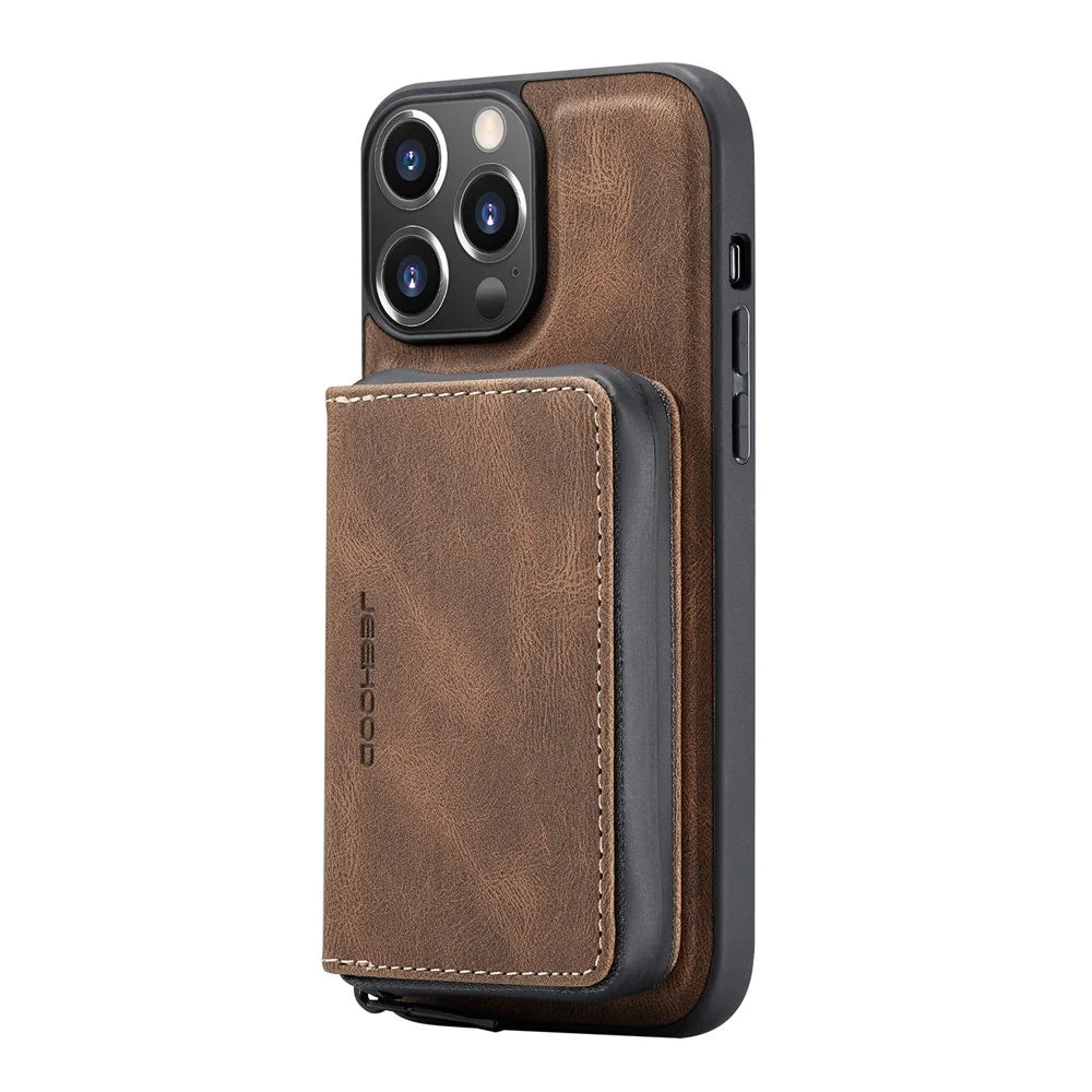 JEEHOOD Detachable 2-in-1 Magnetic Design Phone Case Kickstand Wallet Leather Coated TPU Phone Cover for iPhone 13 - Brown - 3