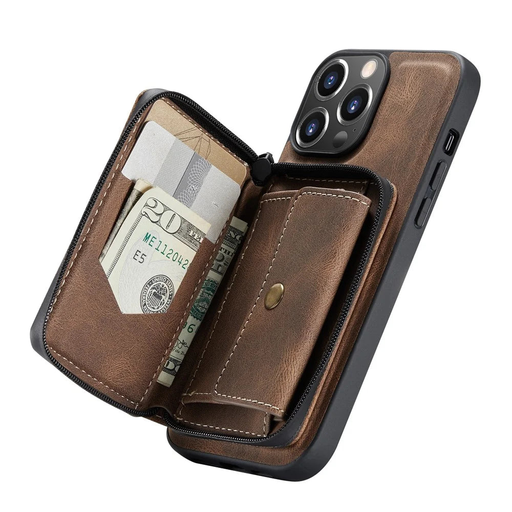 JEEHOOD Detachable 2-in-1 Magnetic Design Phone Case Kickstand Wallet Leather Coated TPU Phone Cover for iPhone 13 - Brown - 7