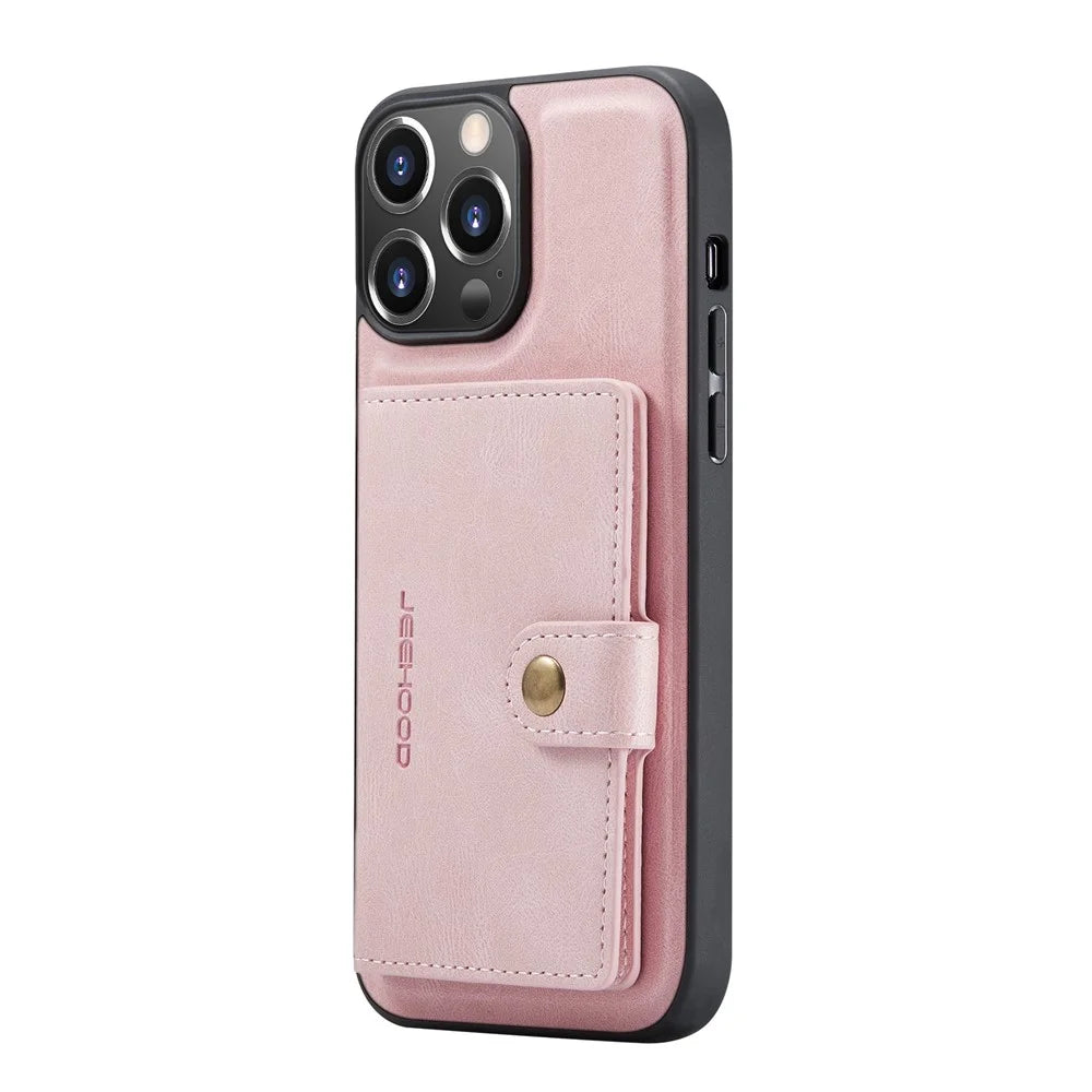 JEEHOOD Detachable 2-in-1 Phone Case Kickstand Wallet Magnetic Design Leather Coated TPU Phone Cover for iPhone 13 6.1 inch - Rose Gold - 3