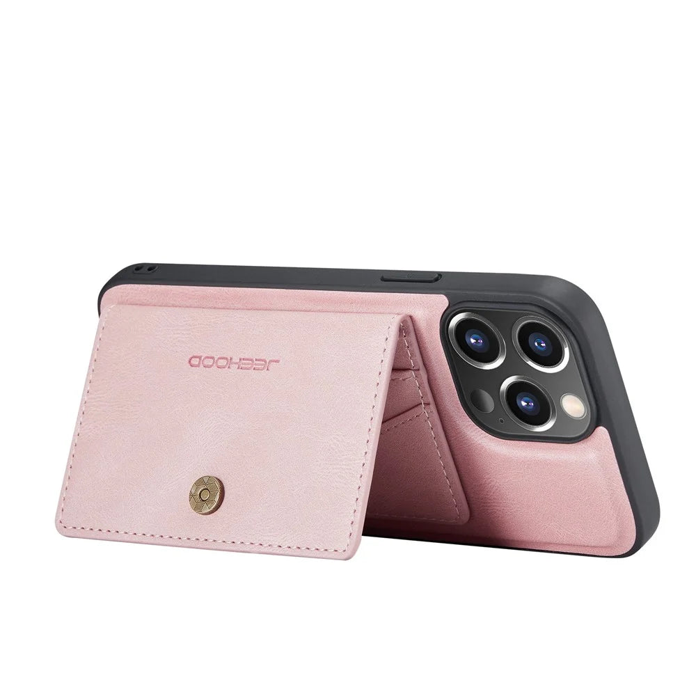 JEEHOOD Detachable 2-in-1 Phone Case Kickstand Wallet Magnetic Design Leather Coated TPU Phone Cover for iPhone 13 6.1 inch - Rose Gold - 6