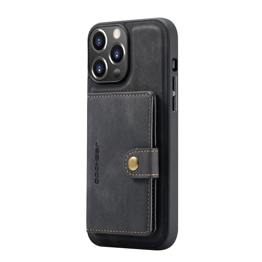 JEEHOOD Shock-proof Detachable 2-in-1 Phone Case Kickstand Wallet Magnetic Design Leather Coated TPU Phone Cover for iPhone 13 Pro 6.1 inch - Black - 3