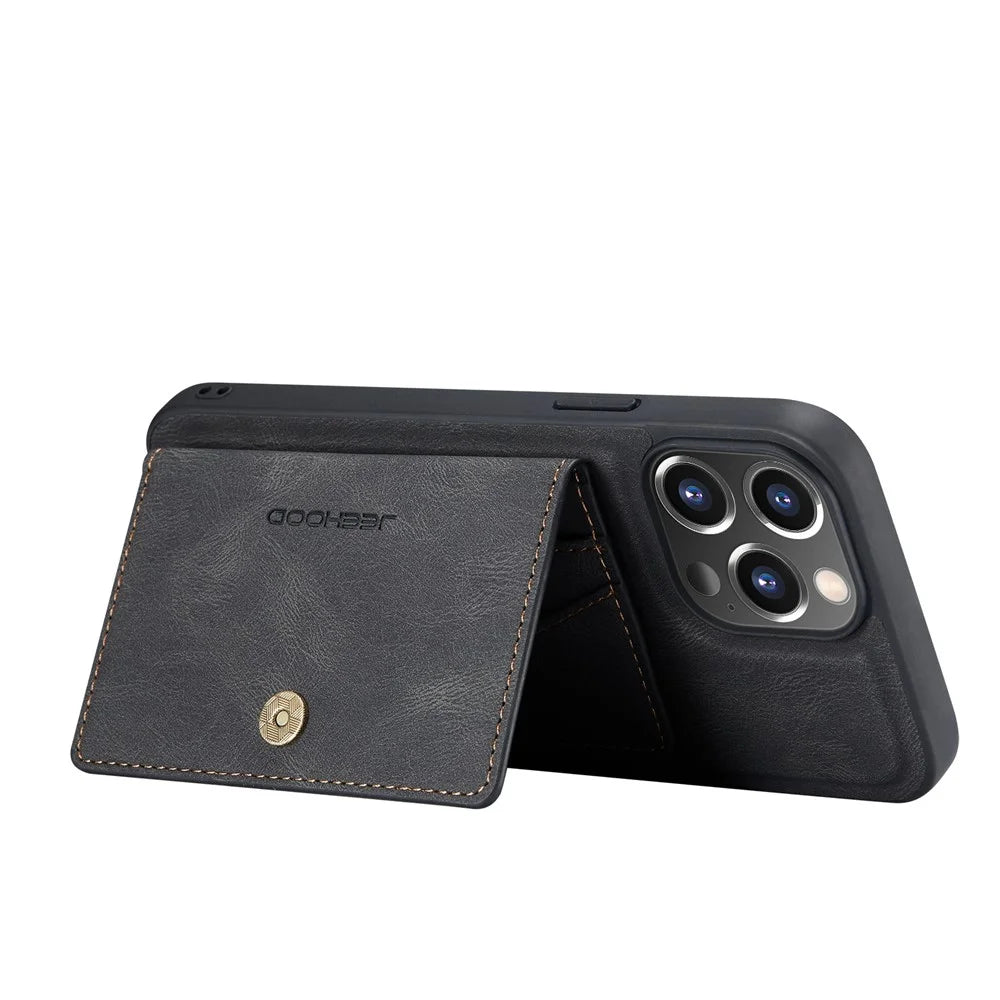 JEEHOOD Shock-proof Detachable 2-in-1 Phone Case Kickstand Wallet Magnetic Design Leather Coated TPU Phone Cover for iPhone 13 Pro 6.1 inch - Black - 5