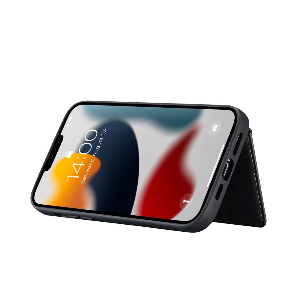 JEEHOOD Shock-proof Detachable 2-in-1 Phone Case Kickstand Wallet Magnetic Design Leather Coated TPU Phone Cover for iPhone 13 Pro 6.1 inch - Black - 6