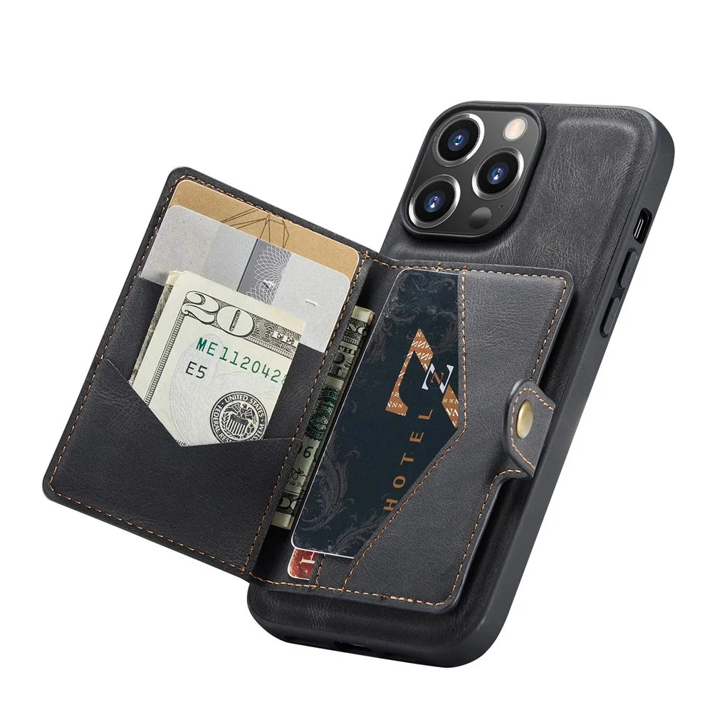 JEEHOOD Shock-proof Detachable 2-in-1 Phone Case Kickstand Wallet Magnetic Design Leather Coated TPU Phone Cover for iPhone 13 Pro 6.1 inch - Black - 7