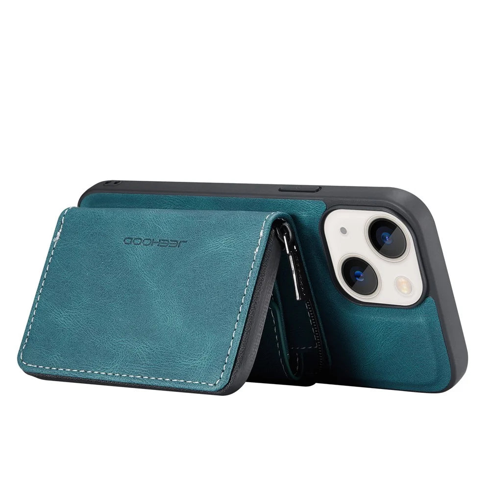 JEEHOOD Kickstand Design Well-Protected Magnetic Detachable 2-in-1 Hybrid Case with Zipper Closure Wallet for iPhone 13 mini 5.4 inch - Green - 5