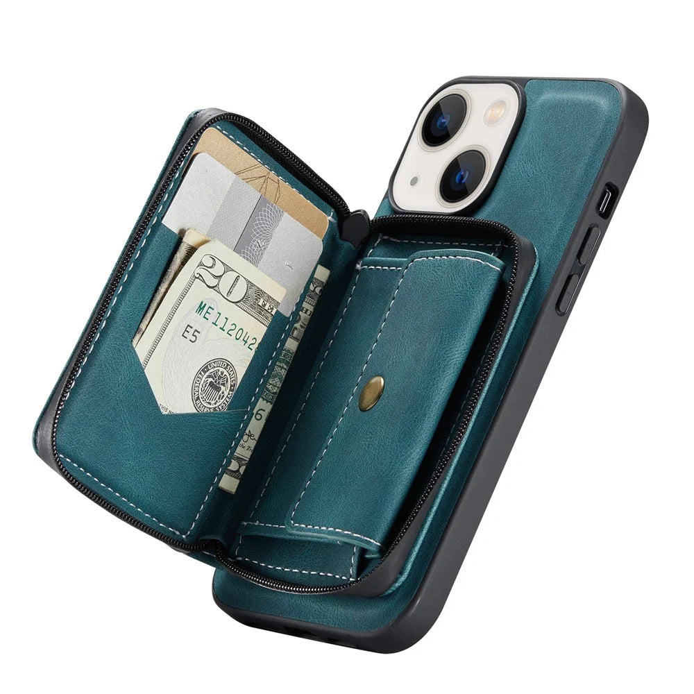 JEEHOOD Kickstand Design Well-Protected Magnetic Detachable 2-in-1 Hybrid Case with Zipper Closure Wallet for iPhone 13 mini 5.4 inch - Green - 7