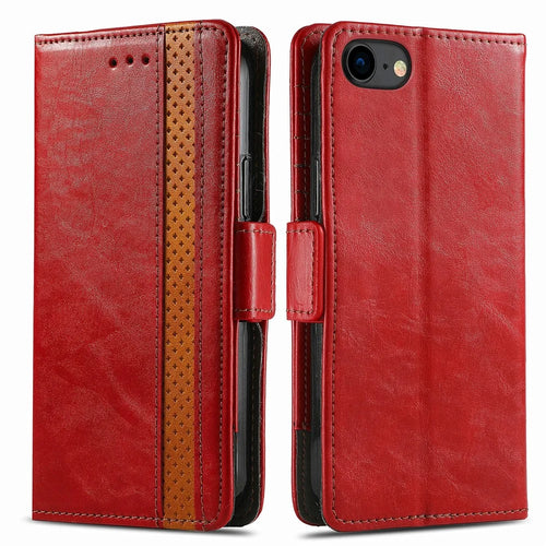 For iPhone SE (2022) / SE (2020) / 8 / 7 / 6 Phone Cases CASENEO PU Leather Cover Stand with RFID Blocking Wallet - Red - 1