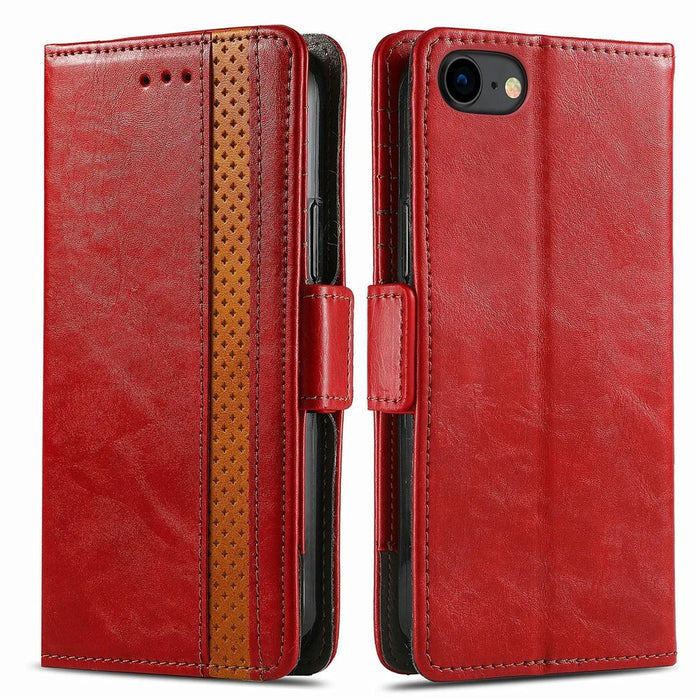 For iPhone SE (2022) / SE (2020) / 8 / 7 / 6 Phone Cases CASENEO PU Leather Cover Stand with RFID Blocking Wallet - Red - 1