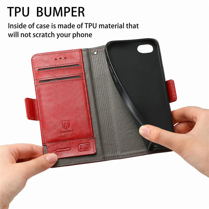 For iPhone SE (2022) / SE (2020) / 8 / 7 / 6 Phone Cases CASENEO PU Leather Cover Stand with RFID Blocking Wallet - Red - 6