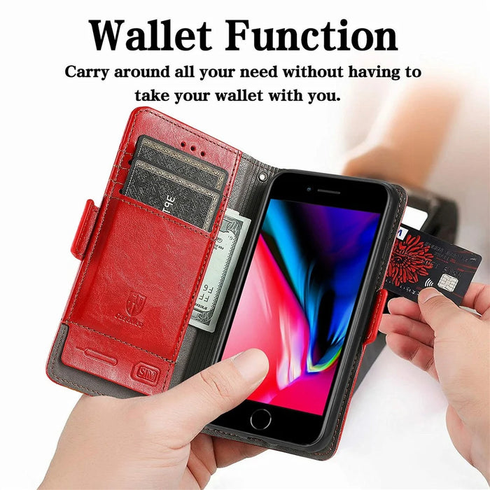 For iPhone SE (2022) / SE (2020) / 8 / 7 / 6 Phone Cases CASENEO PU Leather Cover Stand with RFID Blocking Wallet - Red - 7