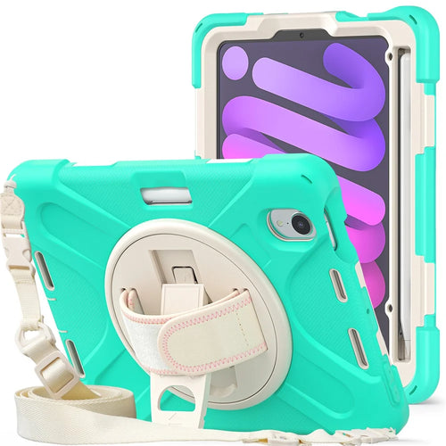 For iPad mini (2024) / mini (2021) Hand Band Design Hybrid Tablet Cover 360° Swivel Kickstand Case with Shoulder Strap - Mint Green - 1