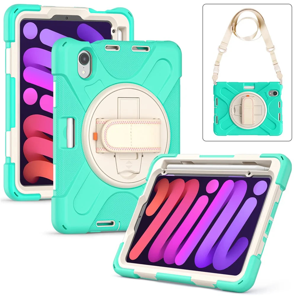 For iPad mini (2024) / mini (2021) Hand Band Design Hybrid Tablet Cover 360° Swivel Kickstand Case with Shoulder Strap - Mint Green - 2