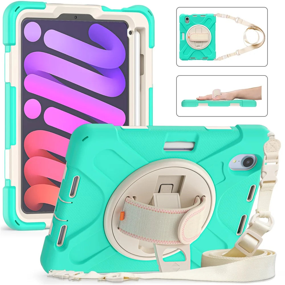 For iPad mini (2024) / mini (2021) Hand Band Design Hybrid Tablet Cover 360° Swivel Kickstand Case with Shoulder Strap - Mint Green - 3