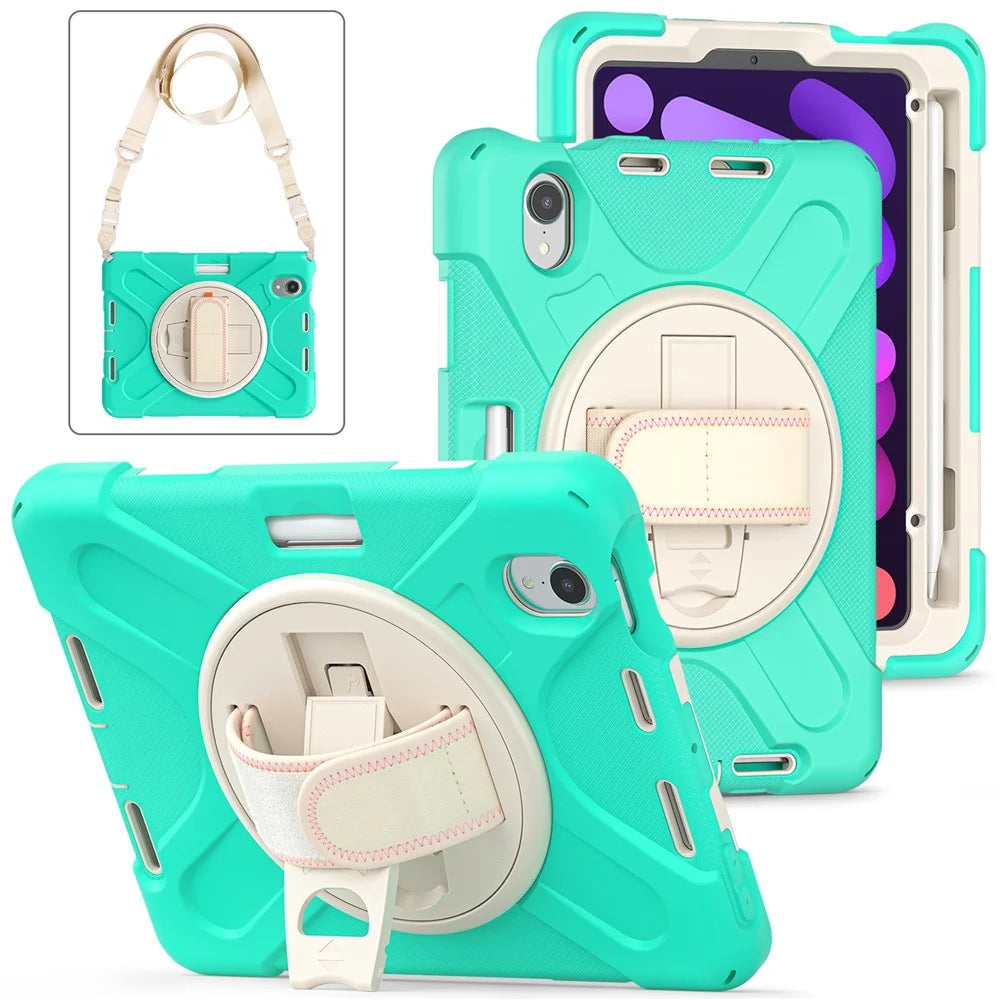 For iPad mini (2024) / mini (2021) Hand Band Design Hybrid Tablet Cover 360° Swivel Kickstand Case with Shoulder Strap - Mint Green - 4