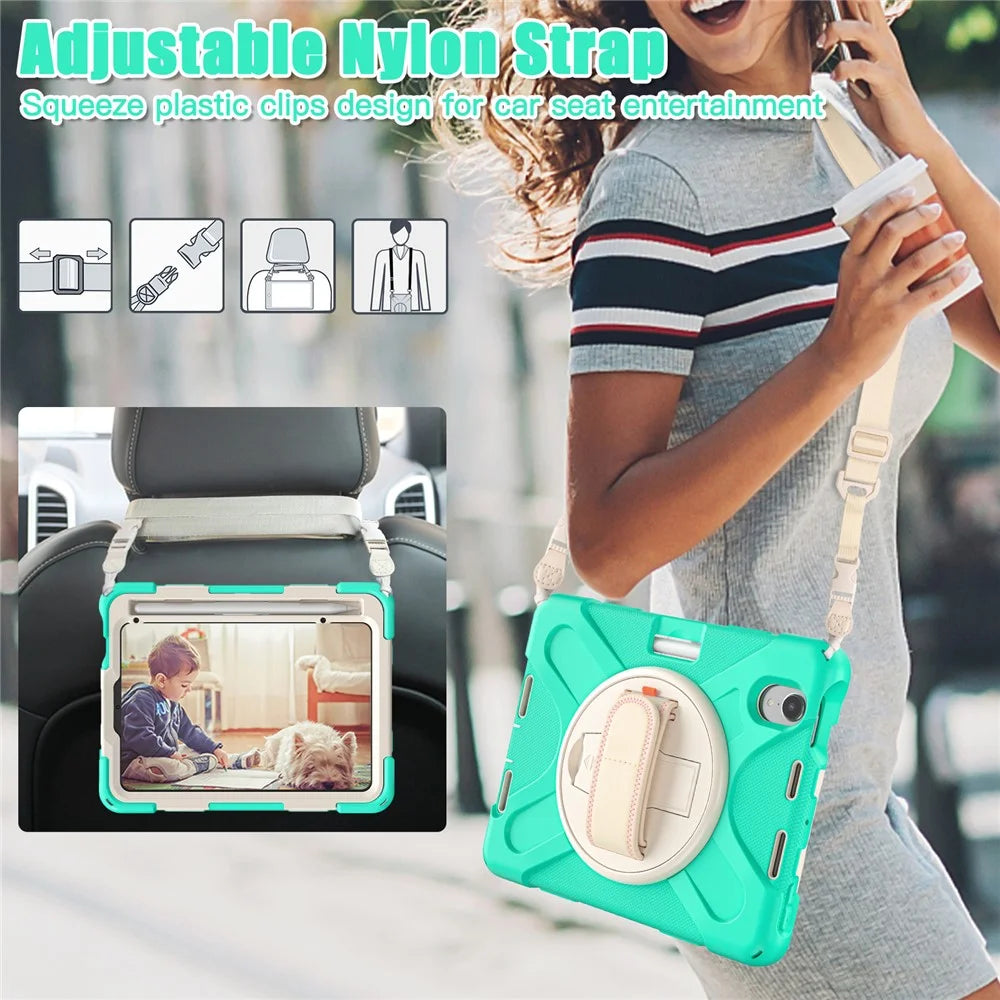 For iPad mini (2024) / mini (2021) Hand Band Design Hybrid Tablet Cover 360° Swivel Kickstand Case with Shoulder Strap - Mint Green - 5