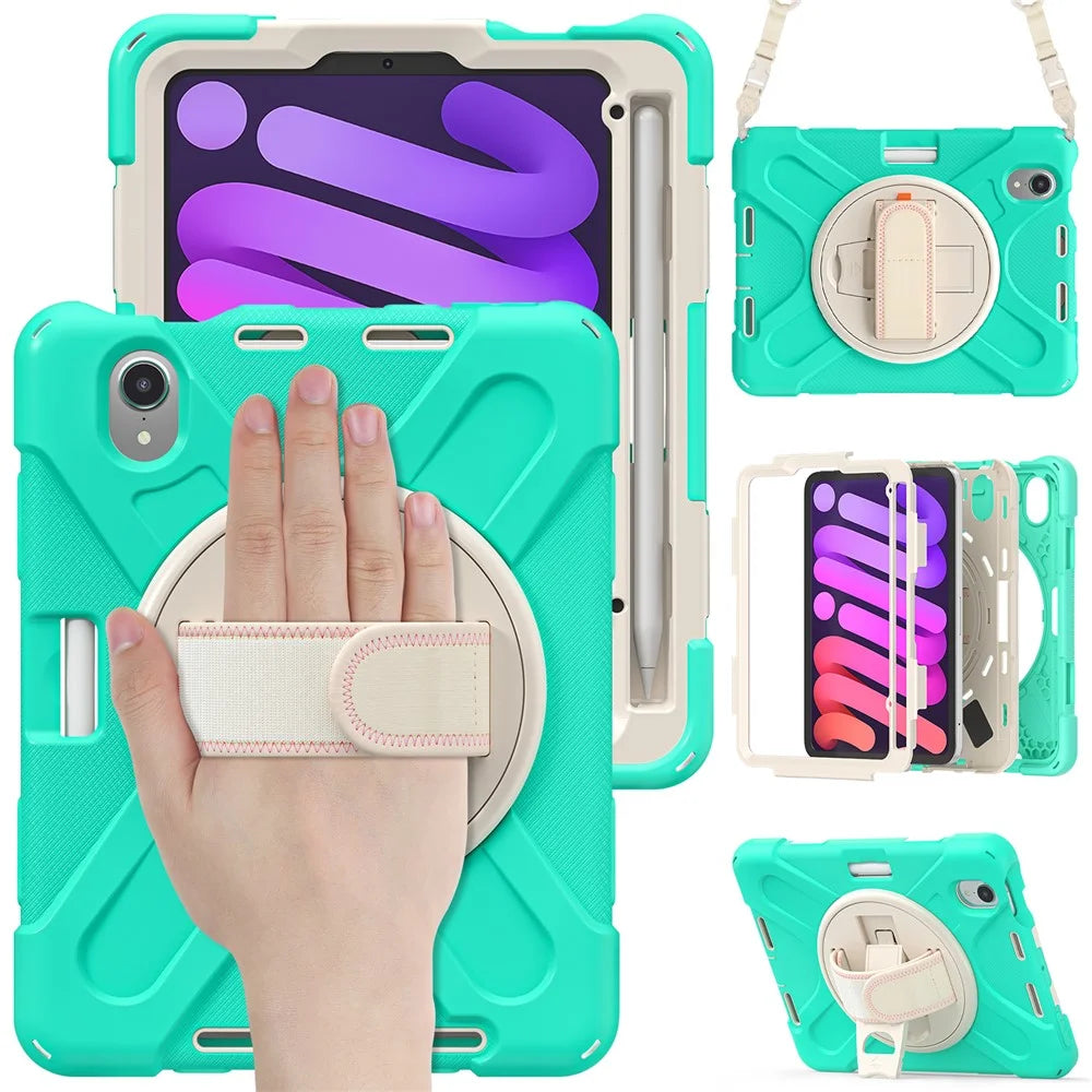 For iPad mini (2024) / mini (2021) Hand Band Design Hybrid Tablet Cover 360° Swivel Kickstand Case with Shoulder Strap - Mint Green - 6
