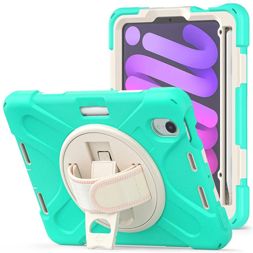 PC + Silicone Hybrid Case Cover Shell with Hand Band 360° Swiveling Kickstand for iPad mini (2024) / mini (2021) - Mint Green - 1