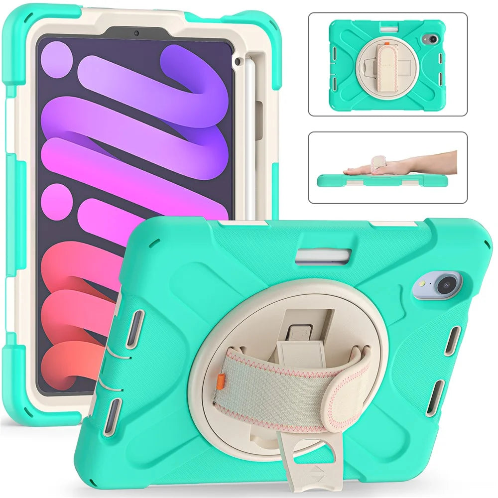 PC + Silicone Hybrid Case Cover Shell with Hand Band 360° Swiveling Kickstand for iPad mini (2024) / mini (2021) - Mint Green - 2