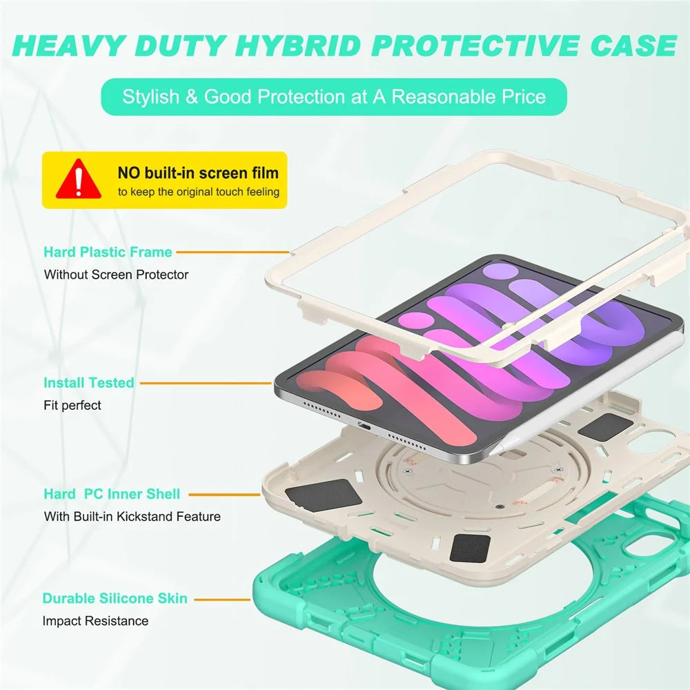 PC + Silicone Hybrid Case Cover Shell with Hand Band 360° Swiveling Kickstand for iPad mini (2024) / mini (2021) - Mint Green - 6