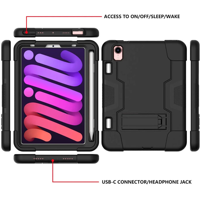 Contrast Color PC + TPU + Silicone Shockproof Tablet Case Cover with Kickstand for iPad mini (2024) / mini (2021) - Black / Black - 2