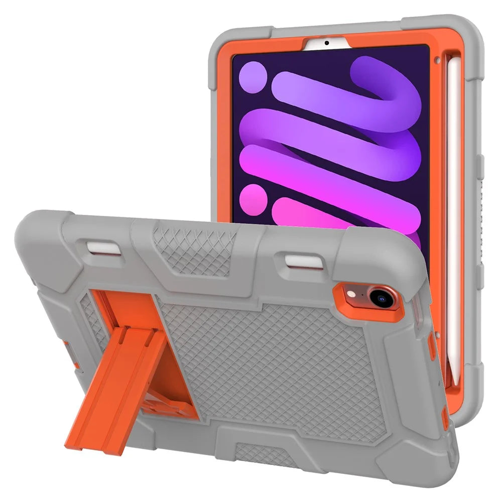 PC + TPU + Silicone Contrast Color Kickstand Tablet Case Shell for iPad mini (2024) / mini (2021) - Grey / Orange - 1