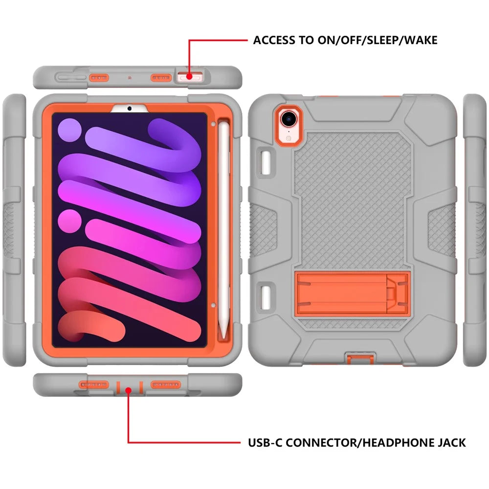 PC + TPU + Silicone Contrast Color Kickstand Tablet Case Shell for iPad mini (2024) / mini (2021) - Grey / Orange - 2