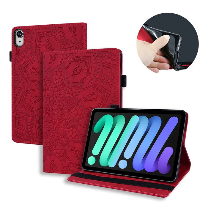 Flower Pattern Imprinting Leather Tablet Stand Cover with Card Slots for iPad mini (2024) / mini (2021) / mini 6 - Red - 1
