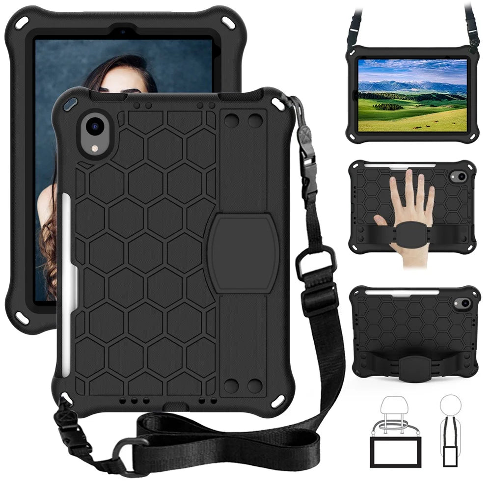 Honeycomb Texture EVA Tablet Shell with Shoulder Strap for iPad mini (2024) / mini (2021) - All Black - 1