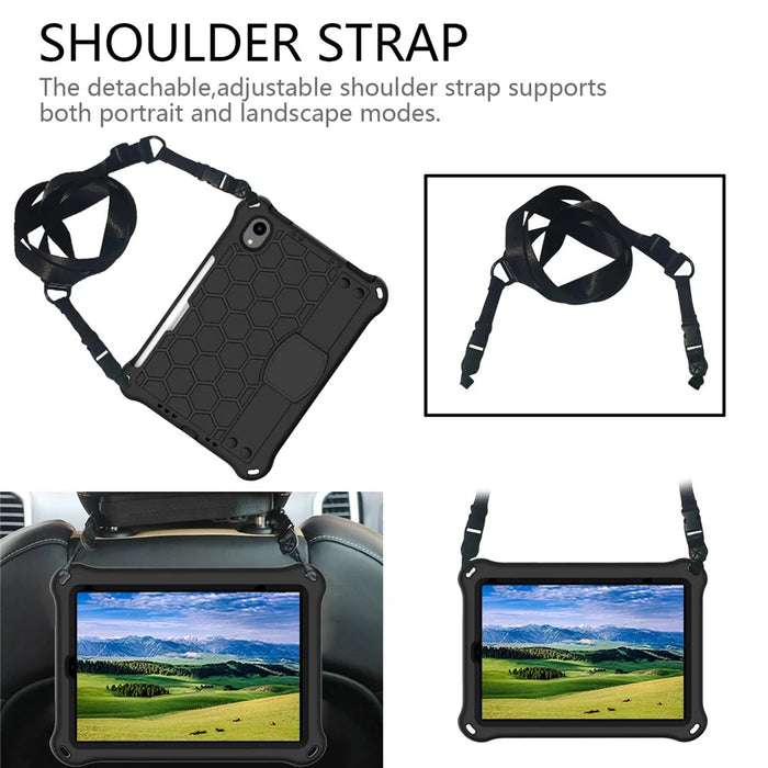 Honeycomb Texture EVA Tablet Shell with Shoulder Strap for iPad mini (2024) / mini (2021) - All Black - 4