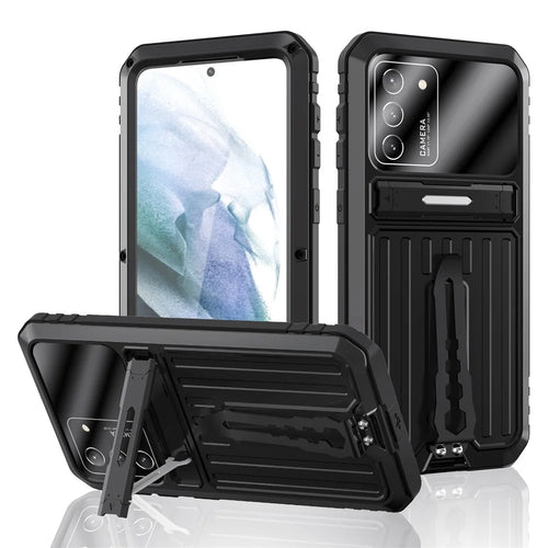 Military Grade Shockproof TPU + Metal Kickstand Hybrid Phone Case Cover with Tempered Glass Screen Protector for Samsung Galaxy S21 4G/5G - Black - 1