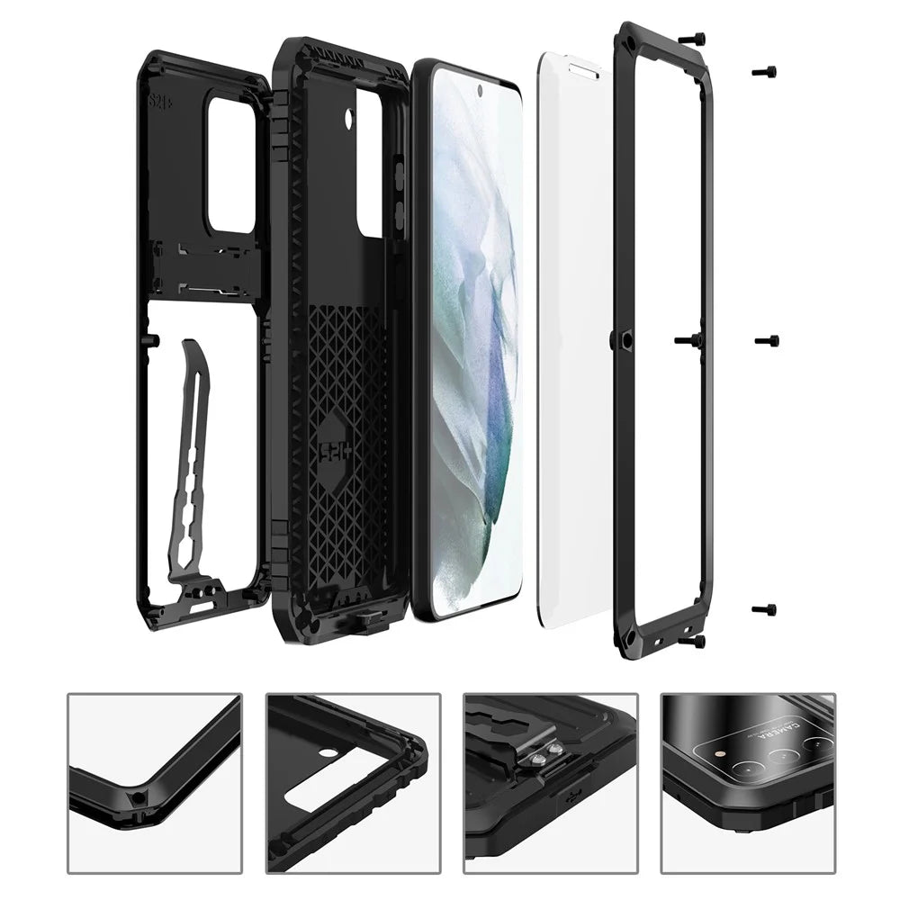 Military Grade Shockproof TPU + Metal Kickstand Hybrid Phone Case Cover with Tempered Glass Screen Protector for Samsung Galaxy S21 4G/5G - Black - 3