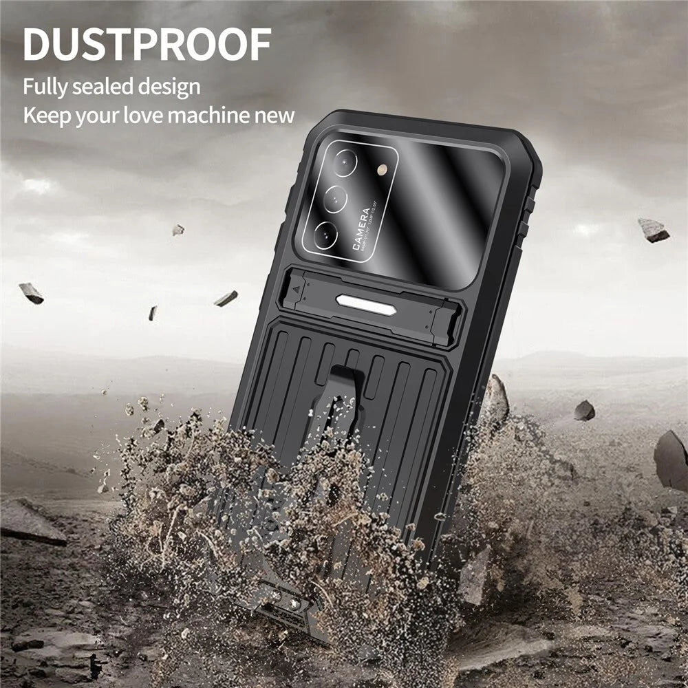 Military Grade Shockproof TPU + Metal Kickstand Hybrid Phone Case Cover with Tempered Glass Screen Protector for Samsung Galaxy S21 4G/5G - Black - 4