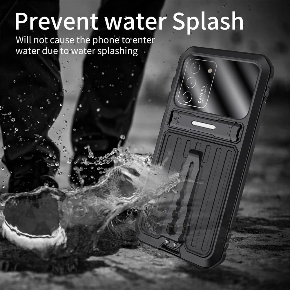Military Grade Shockproof TPU + Metal Kickstand Hybrid Phone Case Cover with Tempered Glass Screen Protector for Samsung Galaxy S21 4G/5G - Black - 5