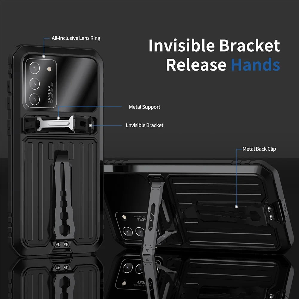 Military Grade Shockproof TPU + Metal Kickstand Hybrid Phone Case Cover with Tempered Glass Screen Protector for Samsung Galaxy S21 4G/5G - Black - 6