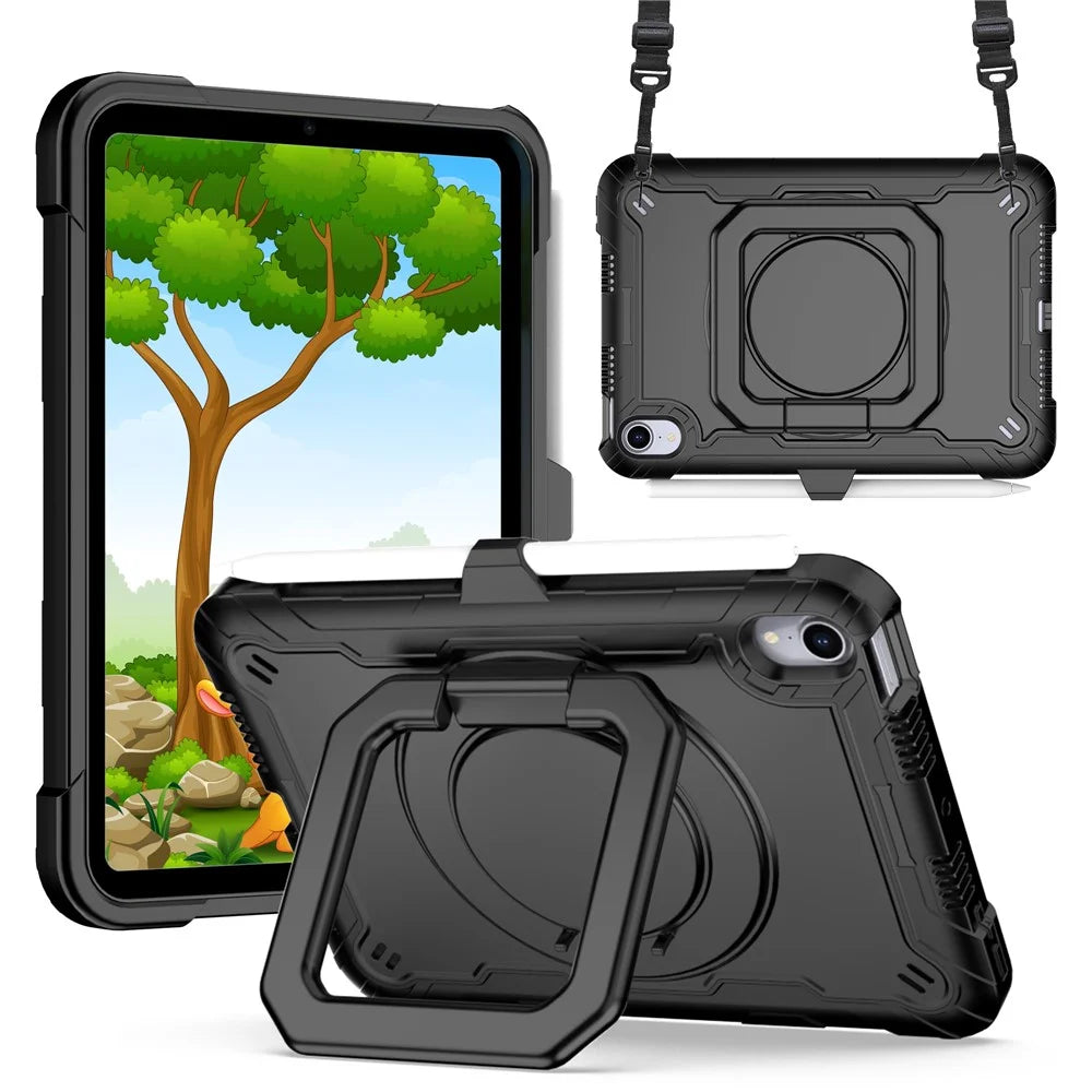 Rotating Kickstand PC + Silicone Tablet Case Cover with Shoulder Strap for iPad mini (2024) / mini (2021) - Black / Black - 1