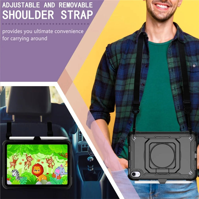 Rotating Kickstand PC + Silicone Tablet Case Cover with Shoulder Strap for iPad mini (2024) / mini (2021) - Black / Black - 7