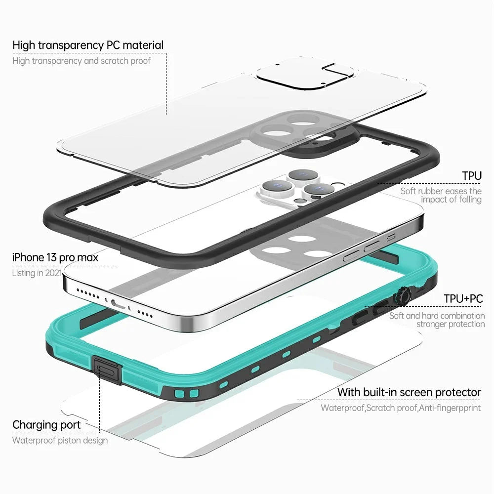 REDPEPPER Dot+ Series Anti-Snow IP68 Waterproof IP6X Dustproof Transparent Back Hybrid Phone Case for iPhone 13 Pro Max 6.7 inch - Blue - 3