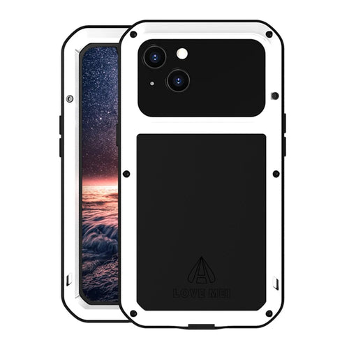 LOVE MEI Full-Body Rugged Metal Bumper Silicone Case with Tempered Glass Film for iPhone 13 6.1 inch - White - 1