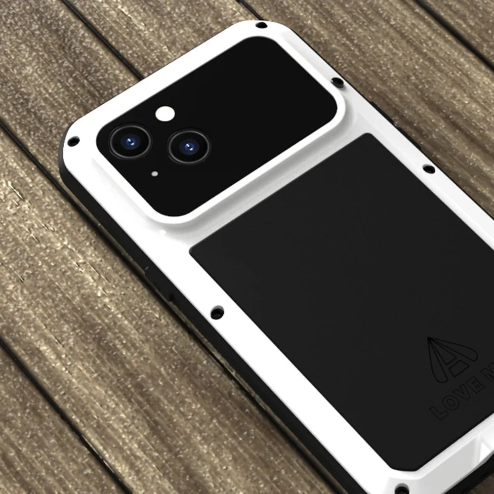 LOVE MEI Full-Body Rugged Metal Bumper Silicone Case with Tempered Glass Film for iPhone 13 6.1 inch - White - 2