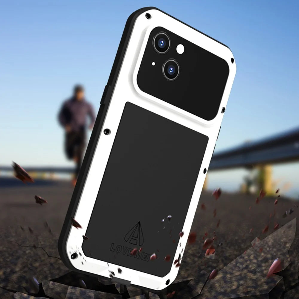 LOVE MEI Full-Body Rugged Metal Bumper Silicone Case with Tempered Glass Film for iPhone 13 6.1 inch - White - 3