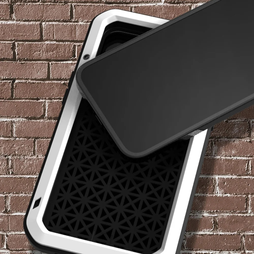LOVE MEI Full-Body Rugged Metal Bumper Silicone Case with Tempered Glass Film for iPhone 13 6.1 inch - White - 4